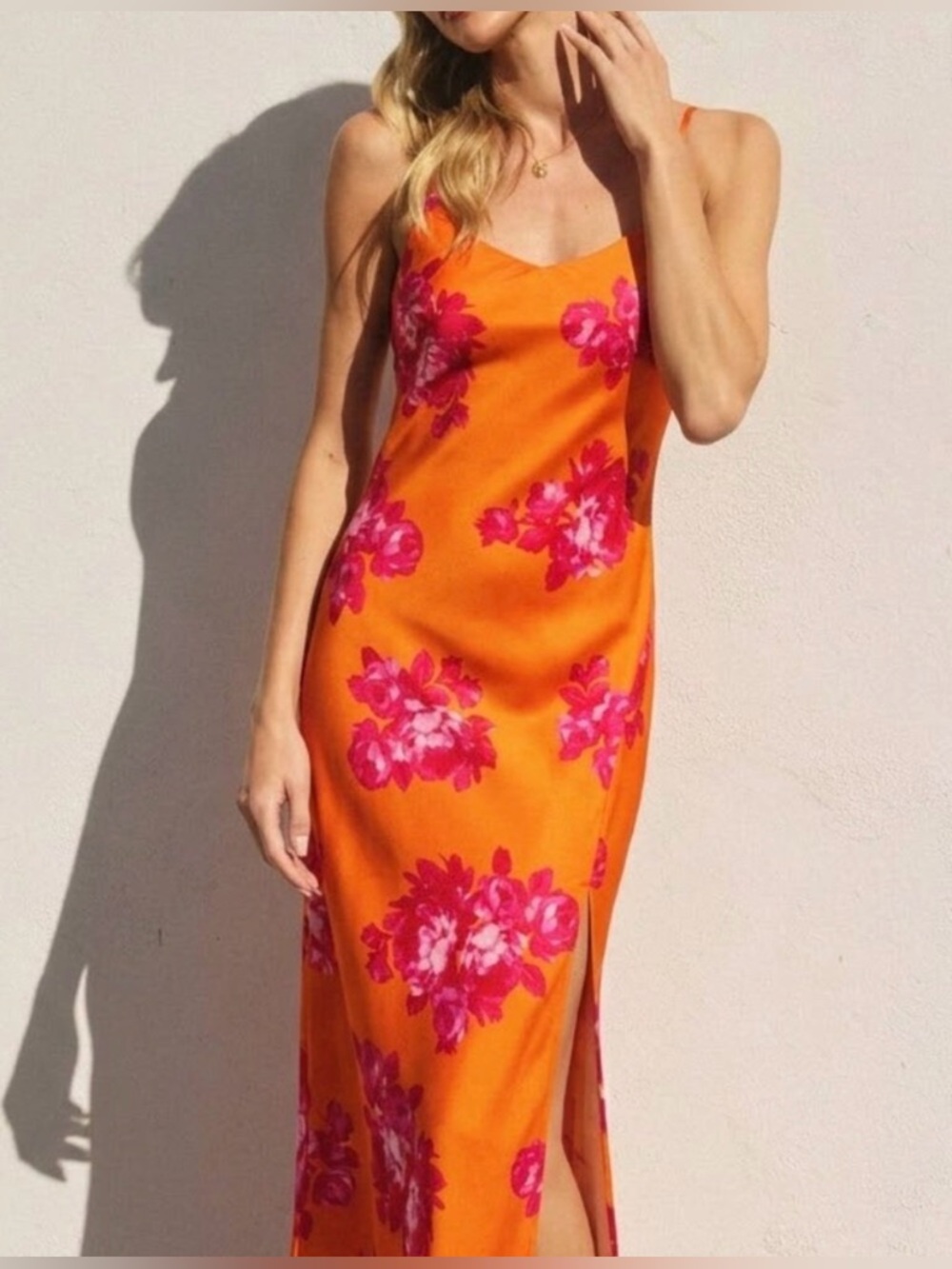 Scoop NYC Orange Maxi Slip Dress with Pink Floral Print